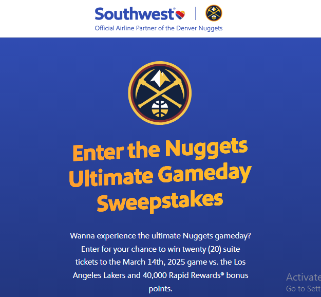 Southwest Airlines Denver Nuggets Ultimate Gameday Sweepstakes (Colorado)